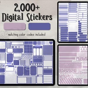 May include: Digital sticker set with over 2,000 stickers in shades of purple and lavender. The image shows various sticker designs, including labels, boxes, and decorative elements, ideal for digital planning and journaling.