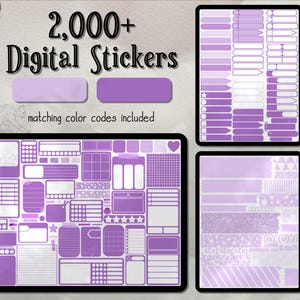Könnte beinhalten: Ein digitales Sticker-Paket mit über 2.000 lila und weißen Stickern. Die Sticker sind in verschiedenen Formen, Größen und Designs, darunter Sterne, Herzen und geometrische Muster. Der Text "2.000+ Digital Stickers" wird oben im Bild angezeigt.