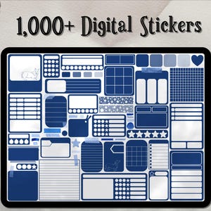 Könnte beinhalten: Ein digitales Blatt mit über 1.000 blauen und weißen Aufklebern. Die Aufkleber sind in einem Raster angeordnet und umfassen verschiedene Formen, Größen und Designs. Der Text "1.000+ digitale Aufkleber" befindet sich oben auf dem Blatt.