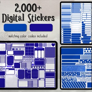 May include: A set of over 2,000 digital stickers in shades of blue. The stickers include various shapes, sizes, and patterns, including stars, stripes, and polka dots. The stickers are perfect for adding a touch of personality to digital planners, journals, and other documents.