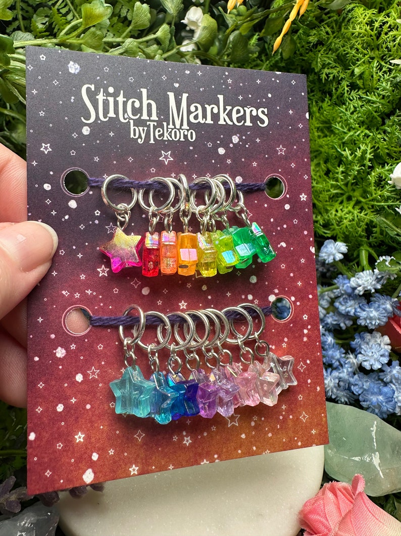 Big Rainbow of Iridescent Stars Stitch Marker/Progress Keeper Set 16 pcs Ring