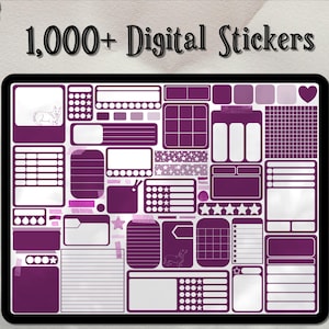 May include: A digital sticker sheet featuring over 1,000 purple and white stickers. The stickers come in a variety of shapes, sizes, and designs, including stars, hearts, and grid patterns. The text "1,000+ Digital Stickers" is at the top of the sheet.