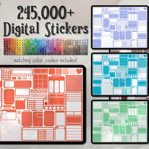 Puede incluir: Conjuntos de pegatinas digitales mostrados en tabletas. La imagen muestra una variedad de pegatinas digitales en diferentes colores, incluyendo naranja, azul, verde y marrón. El texto en la imagen dice "245.000+ pegatinas digitales" y "códigos de color coincidentes incluidos".