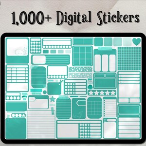 May include: A digital planner sticker sheet with over 1,000 stickers in a teal color scheme. The stickers include various shapes, sizes, and designs, including boxes, circles, stars, and lines.