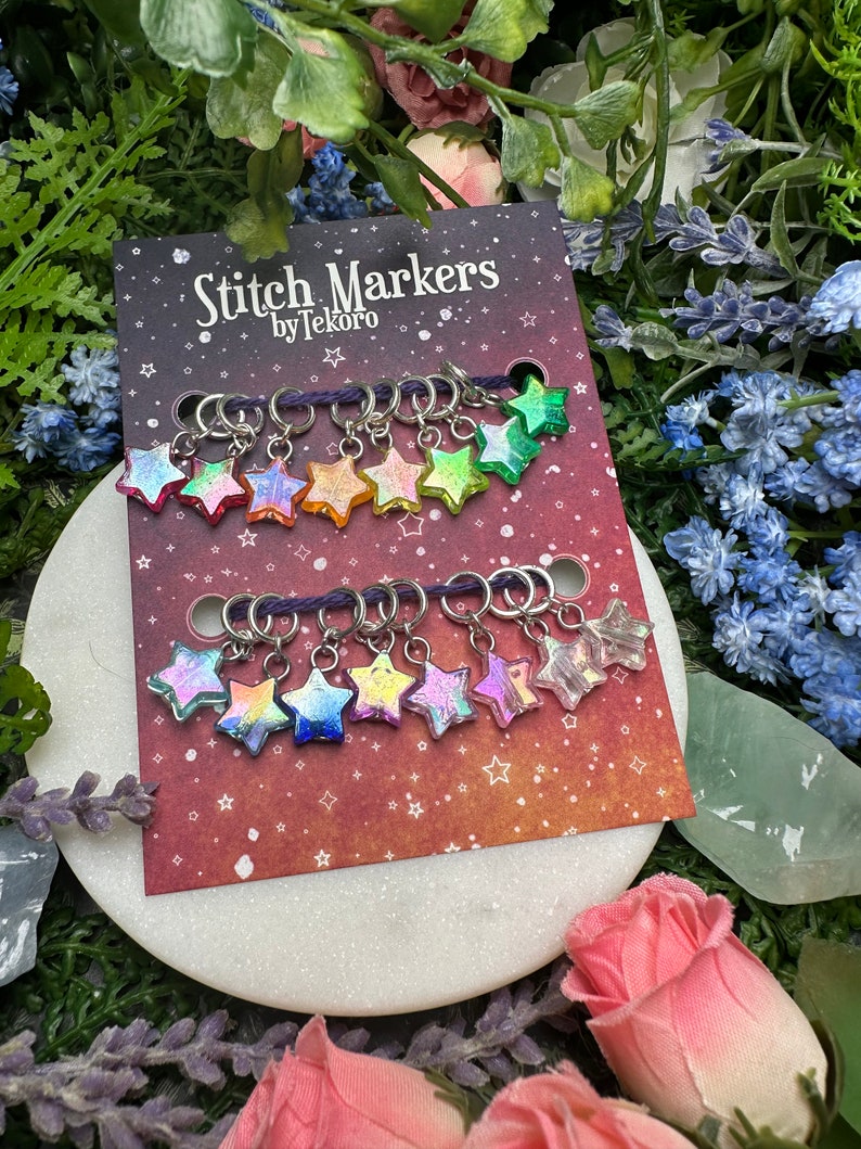 Big Rainbow of Iridescent Stars Stitch Marker/Progress Keeper Set 16 pcs Small Ring