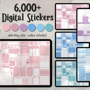 Puede incluir: Un conjunto de pegatinas digitales con más de 6.000 pegatinas en rosa, azul y morado. Las pegatinas están organizadas en diferentes categorías, que incluyen notas, planificación y diario. El texto "6.000+ Pegatinas digitales" se muestra en una fuente grande en la parte superior de la imagen.