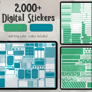Può includere: Un set di adesivi digitali con oltre 2.000 adesivi in ​​colori verde acqua e verde. Gli adesivi includono varie forme, dimensioni e motivi, tra cui stelle, strisce e pois. Il testo "2.000+ Adesivi digitali" è visualizzato nella parte superiore dell'immagine.