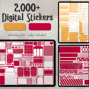 Könnte beinhalten: Ein digitales Sticker-Paket mit über 2.000 Stickern in Pink, Rot und Orange. Die Sticker umfassen verschiedene Formen, Größen und Muster, darunter Sterne, Herzen, Streifen und Punkte. Der Text "2.000+ Digital Stickers" wird oben im Bild angezeigt.