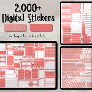 May include: A digital sticker pack with over 2,000 stickers in a pink and white color scheme. The stickers include various shapes, sizes, and designs, including stars, hearts, and geometric patterns. The text "2,000+ Digital Stickers" is displayed at the top of the image.