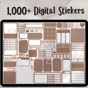 Könnte beinhalten: Ein digitales Stickerblatt mit über 1.000 Stickern in einem braunen und weißen Farbschema. Die Sticker umfassen verschiedene Formen, Größen und Designs, darunter Sterne, Herzen und Gittermuster.
