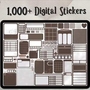 Könnte beinhalten: Ein digitales Blatt mit über 1.000 braunen und weißen Aufklebern. Die Aufkleber sind in verschiedenen Formen und Größen und beinhalten Sterne, Punkte, Linien und Gitter. Der Text "1.000+ digitale Aufkleber" befindet sich oben auf dem Blatt.