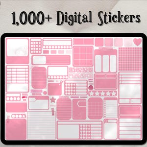 Könnte beinhalten: Ein digitales Blatt mit über 1.000 rosa und weißen Aufklebern. Die Aufkleber sind in verschiedenen Formen und Größen und beinhalten Gittermuster, Sterne und andere Designs.