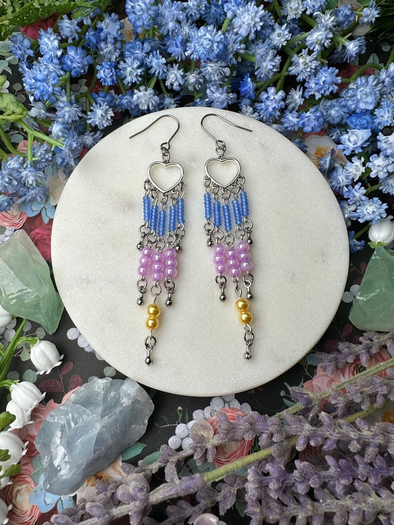 Blue, Purple, and Golden Pearl Heart Glass Bead Dangle Earrings