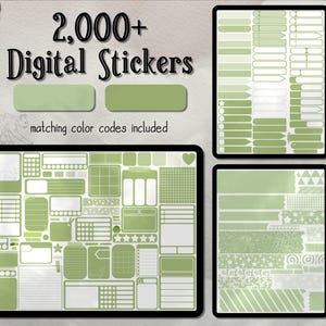 Könnte beinhalten: Ein digitales Sticker-Paket mit über 2.000 Stickern in einem grünen Farbschema. Die Sticker umfassen verschiedene Formen, Größen und Designs, darunter Sterne, Herzen und geometrische Muster. Der Text "2.000+ Digital Stickers" wird oben im Bild angezeigt.