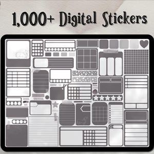 Könnte beinhalten: Ein digitales Stickerblatt mit über 1.000 grauen und weißen Stickern. Die Sticker umfassen verschiedene Formen, Größen und Designs, darunter Sterne, Herzen und Gittermuster.