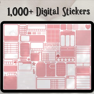 Könnte beinhalten: Ein digitales Stickerblatt mit über 1.000 rosa und weißen Stickern. Die Sticker sind in verschiedenen Formen und Größen, darunter Quadrate, Rechtecke, Kreise und Sterne. Die Sticker sind perfekt für Planer, Journale und andere kreative Projekte.