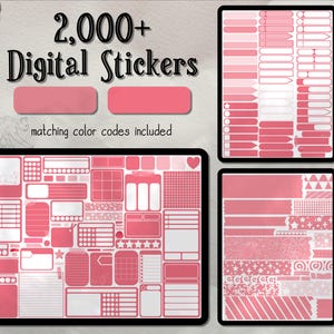 Könnte beinhalten: Ein digitales Sticker-Paket mit über 2.000 rosa und weißen Stickern. Die Sticker umfassen verschiedene Formen, Größen und Designs, wie Sterne, Herzen, Pfeile und geometrische Muster. Der Text "2,000+ Digital Stickers" wird oben im Bild angezeigt.