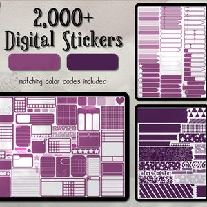 Könnte beinhalten: Ein digitales Sticker-Set mit über 2.000 violetten und weißen Stickern. Die Sticker umfassen verschiedene Formen, Größen und Muster, darunter Sterne, Herzen, Streifen und Punkte. Die Sticker sind perfekt für Planer, Journale und andere kreative Projekte.