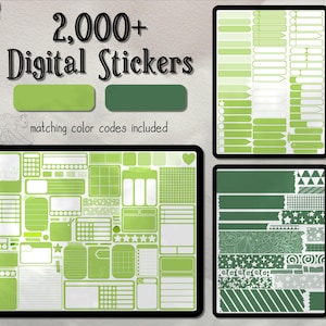 May include: A digital sticker pack with over 2,000 green and white stickers. The stickers include various shapes, sizes, and designs, including stars, stripes, and geometric patterns. The text "2,000+ Digital Stickers" is displayed at the top of the image.