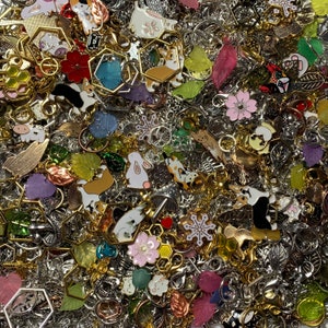 May include: A large collection of colorful charms and pendants, including animal shapes, flowers, snowflakes, and geometric designs. The charms are made of metal and have a variety of finishes, including silver, gold, and copper.
