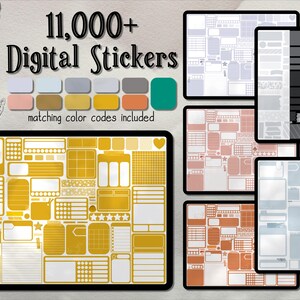Può includere: Un pacchetto di adesivi digitali con oltre 11.000 adesivi in ​​vari colori e design. Gli adesivi sono perfetti per planner, diari e note. L'immagine mostra un campione degli adesivi, tra cui una griglia di adesivi gialli con diverse forme e dimensioni.