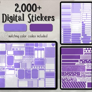Może przedstawiać: Zestaw naklejek cyfrowych z ponad 2000 naklejek w kolorze fioletowym i białym. Naklejki obejmują różne kształty, rozmiary i wzory, w tym gwiazdki, serduszka i wzory geometryczne. Zestaw zawiera również kody kolorów dla każdej naklejki.