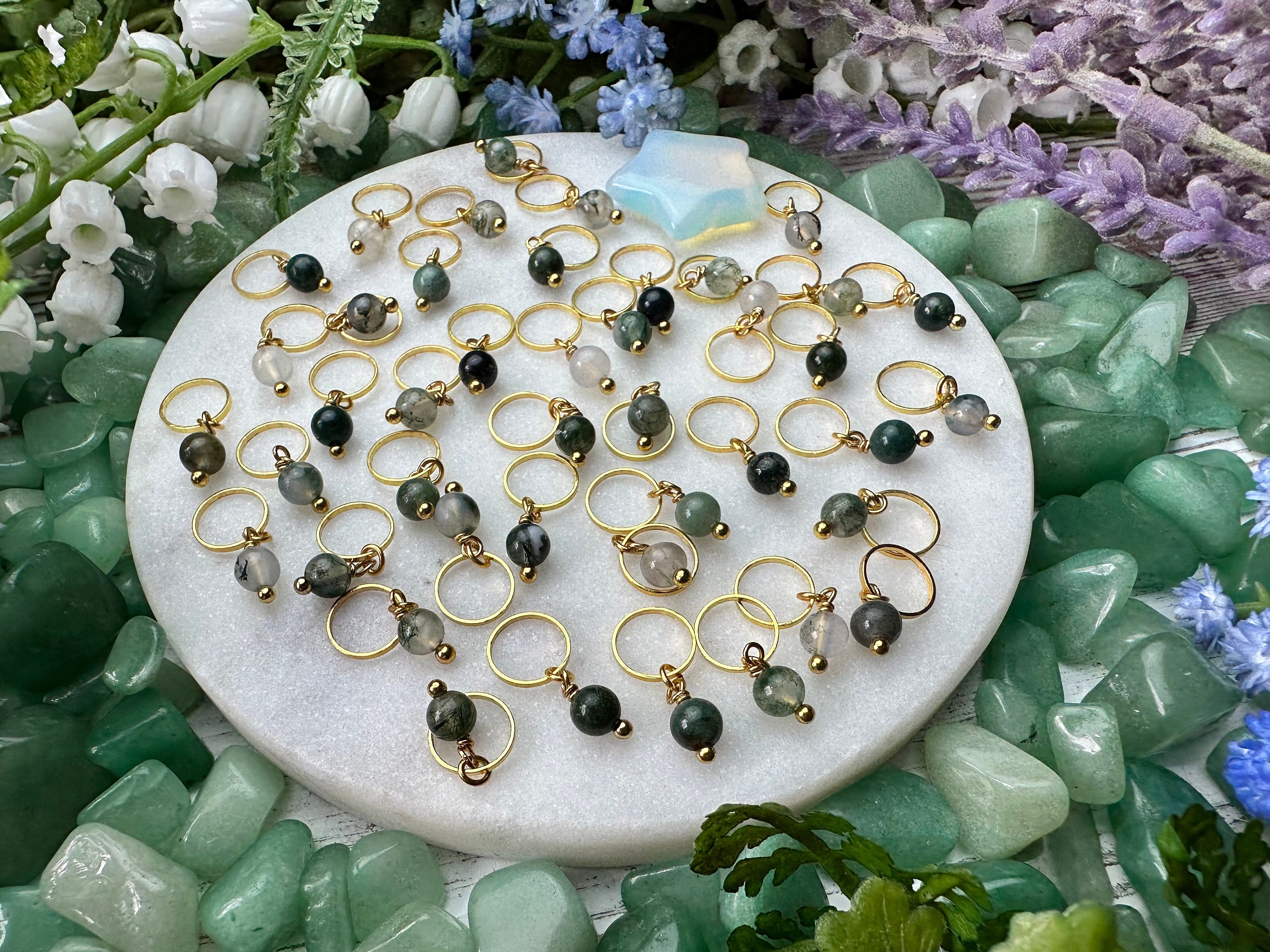 Moss Agate Gemstone and Brass Handmade Luxury Stitch Marker Set - 5 pcs