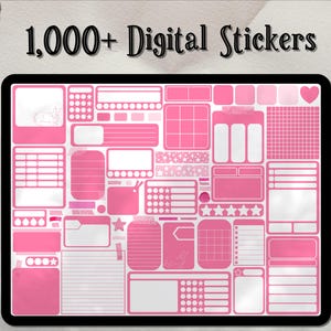 Könnte beinhalten: Ein digitales Stickerblatt mit über 1.000 rosa und weißen Stickern. Die Sticker sind in verschiedenen Formen und Größen und beinhalten Sterne, Herzen, Punkte und Linien. Der Text "1.000+ digitale Sticker" befindet sich oben im Bild.