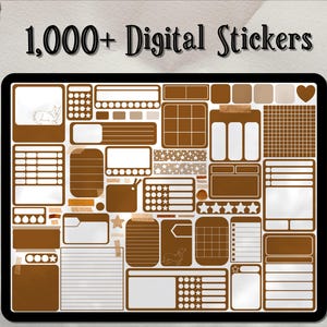Könnte beinhalten: Ein digitales Blatt mit über 1.000 braunen und weißen Aufklebern. Die Aufkleber sind in verschiedenen Formen und Größen und beinhalten Gittermuster, Sterne und Kreise. Der Text "1.000+ digitale Aufkleber" befindet sich oben auf dem Blatt.