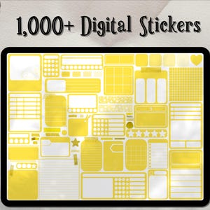 Könnte beinhalten: Ein digitales Blatt mit über 1.000 gelben digitalen Aufklebern. Die Aufkleber sind in verschiedenen Formen und Größen und beinhalten Gittermuster, leere Flächen und Kreise.