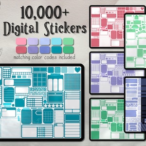 May include: A digital sticker pack featuring over 10,000 stickers in a variety of colours and designs. The stickers are categorised into different sections, including notes, planning, and journaling. The image also includes colour codes for each sticker.