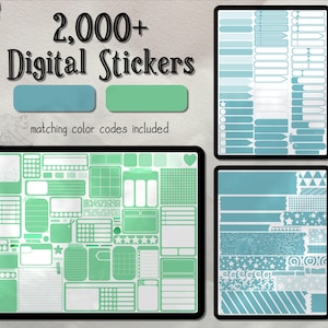 Könnte beinhalten: Ein digitales Sticker-Paket mit über 2.000 Stickern in Grün- und Blautönen. Die Sticker umfassen verschiedene Formen, Größen und Designs, darunter Sterne, Herzen und geometrische Muster. Die Sticker sind perfekt, um Planern, Tagebüchern und anderen digitalen Dokumenten eine persönliche Note zu verleihen.