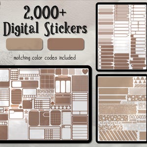 Könnte beinhalten: Ein digitales Sticker-Paket mit über 2.000 Stickern in verschiedenen Formen und Größen. Die Sticker sind in Braun- und Weißtönen gehalten und zeigen eine Vielzahl von Designs, darunter Sterne, Streifen und geometrische Muster.