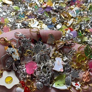 May include: A collection of charms featuring various designs, including a cat, a rabbit, a sunflower, a crown, a snowflake, a honeycomb, and a leaf. The charms are made of metal and have a silver, gold, and white color scheme.