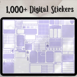 Könnte beinhalten: Eine digitale Sticker-Tabelle mit über 1.000 lavendelfarbenen Stickern. Die Sticker sind in verschiedenen Formen und Größen und beinhalten verschiedene Designs, wie Sterne, Punkte und Linien.