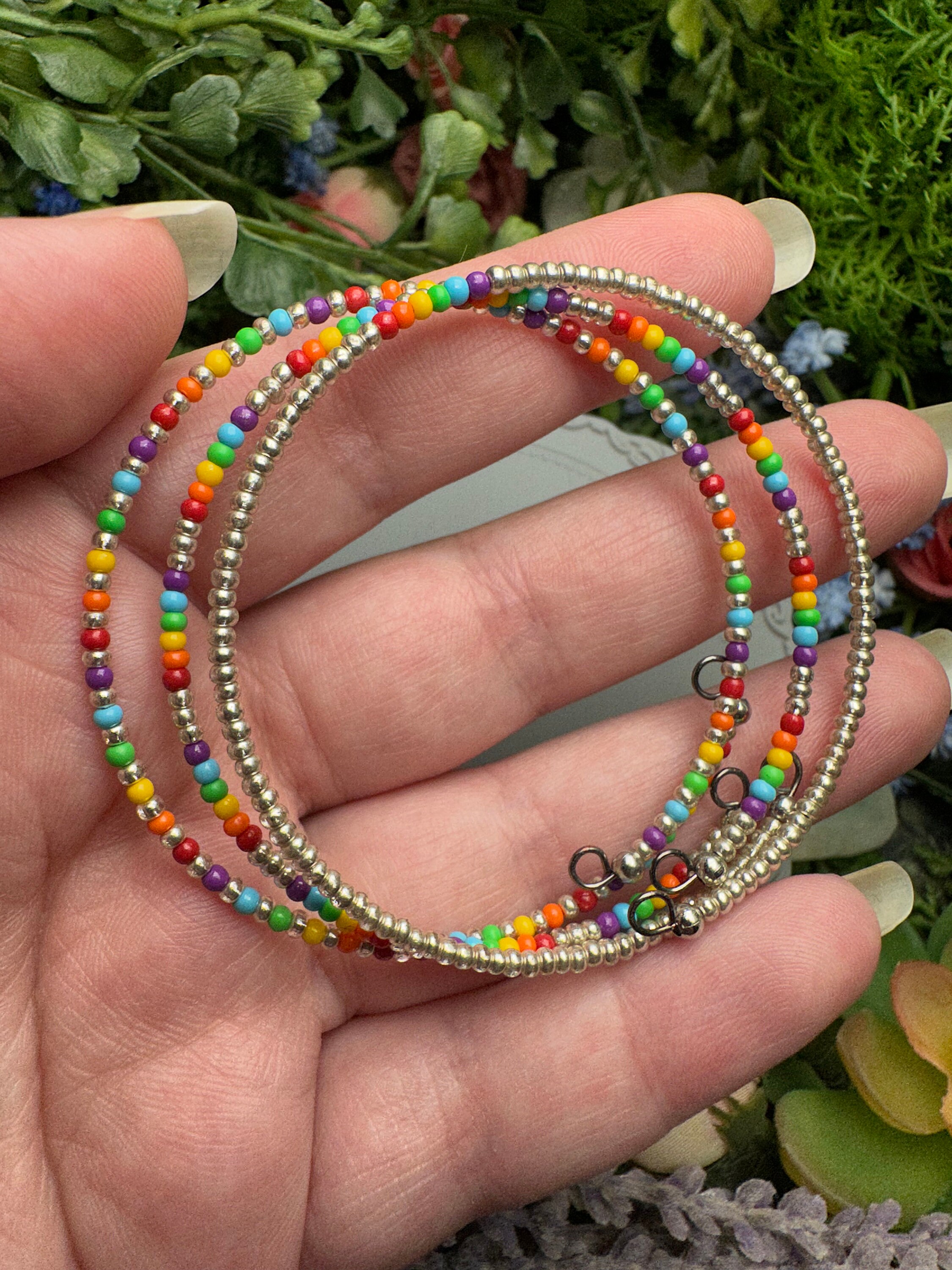 Rainbow and Silver Seed Bead Memory Wire Bracelet Set - 3pcs - Etsy