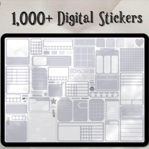 May include: A digital sheet with over 1,000 gray and white stickers for planning, journaling, and note-taking. The stickers include various shapes, sizes, and designs, such as grids, lines, and circles.