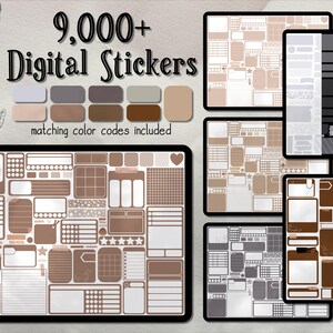 Op de afbeelding: Een digitale stickerset met meer dan 9.000 stickers in verschillende vormen en maten. De stickers zijn in tinten bruin, beige en grijs. De tekst "9.000+ Digital Stickers" staat bovenaan de afbeelding. De tekst "bijpassende kleurcodes inbegrepen" staat onder de stickers.