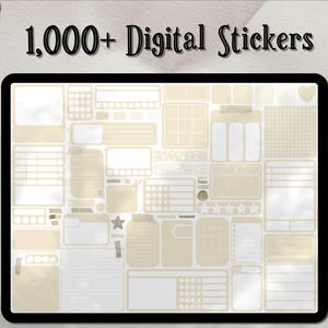Könnte beinhalten: Ein digitales Stickerblatt mit über 1.000 beige und weißen Stickern. Die Sticker sind in verschiedenen Formen und Größen, darunter Quadrate, Rechtecke, Kreise und Sterne. Der Text "1.000+ Digitale Sticker" befindet sich oben auf dem Blatt.