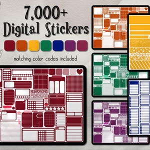 Puede incluir: Un conjunto de pegatinas digitales para planificadores y diarios. Las pegatinas son de varios colores, incluidos el rojo, el verde, el azul y el morado. Las pegatinas están organizadas en diferentes categorías, como notas, planificación y diario. El texto "7.000+ pegatinas digitales" se muestra en la parte superior de la imagen.
