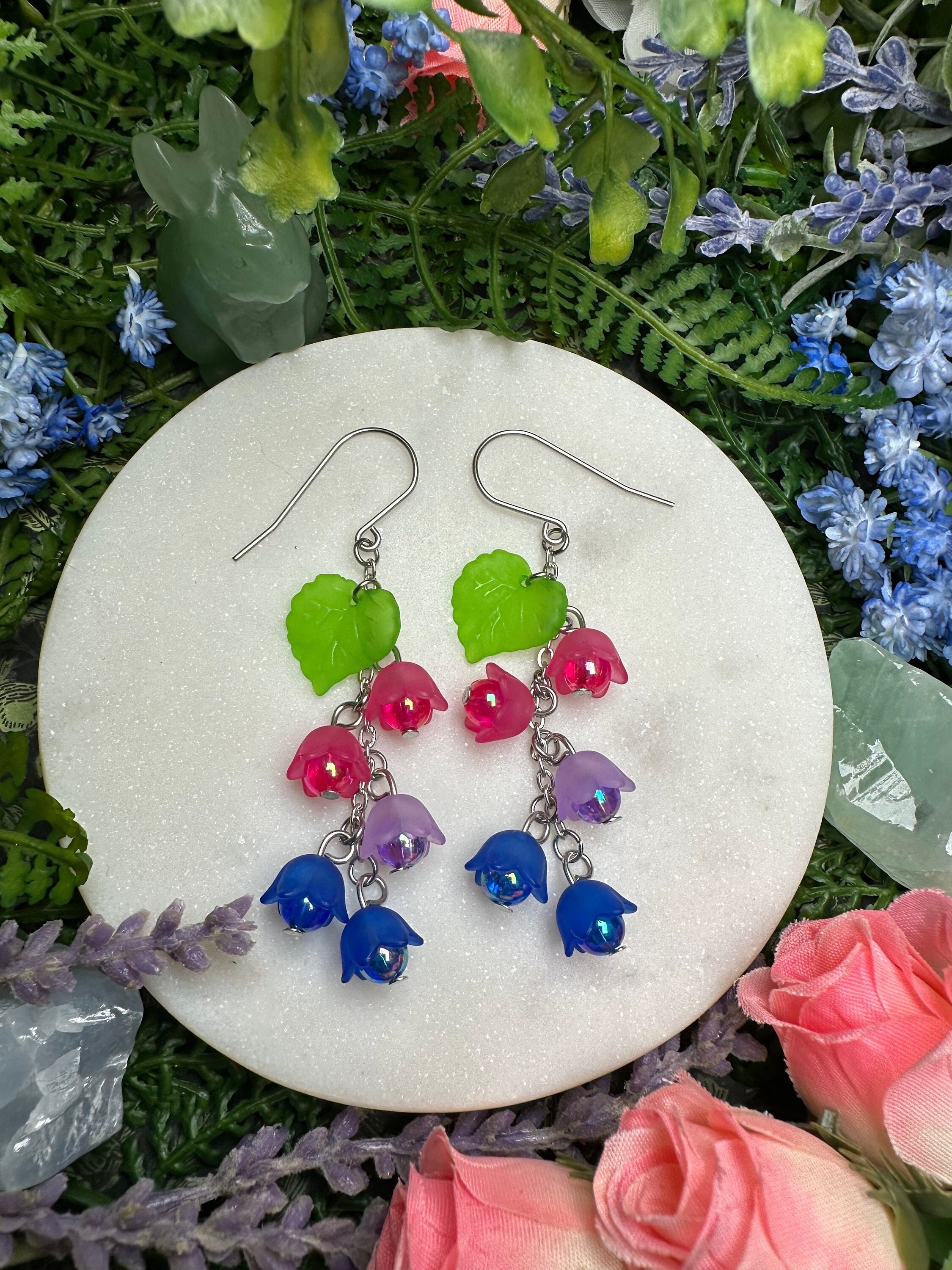 Bi Pride Shimmer Lily Of The Valley-Inspired Floral Dangle Earrings