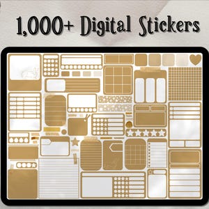Könnte beinhalten: Eine digitale Sticker-Tabelle mit über 1.000 Stickern in verschiedenen Formen und Größen. Die Sticker sind in einem braunen und weißen Farbschema gehalten und zeigen eine Vielzahl von Designs, darunter Sterne, Kreise und Quadrate. Der Text "1.000+ digitale Sticker" befindet sich oben auf der Tabelle.