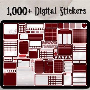 Könnte beinhalten: Ein digitales Sticker-Blatt mit über 1.000 Stickern in einem rotbraunen und weißen Farbschema. Die Sticker umfassen verschiedene Formen, Größen und Designs, wie Sterne, Herzen, Kreise und Quadrate. Das Blatt ist perfekt, um Planern, Tagebüchern und anderen kreativen Projekten eine persönliche Note zu verleihen.