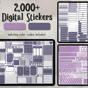 May include: A digital sticker pack featuring over 2,000 stickers in purple and grey. The stickers include a variety of shapes, sizes, and designs, such as stars, hearts, and geometric patterns. The text "2,000+ Digital Stickers" is displayed at the top of the image.