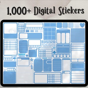 Könnte beinhalten: Ein digitales Sticker-Blatt mit über 1.000 blauen und weißen Stickern. Die Sticker haben verschiedene Formen, Größen und Designs, wie Sterne, Kreise, Quadrate und Linien. Die Sticker sind perfekt für Planer, Journale und andere kreative Projekte.
