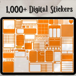 Könnte beinhalten: Ein digitaler Planer mit über 1.000 Stickern in verschiedenen Formen und Größen in Orange und Weiß. Die Sticker umfassen Formen, Etiketten und Symbole für Notizen, Planung und Journaling. Der Text "1.000+ Digital Stickers" ist zu sehen.