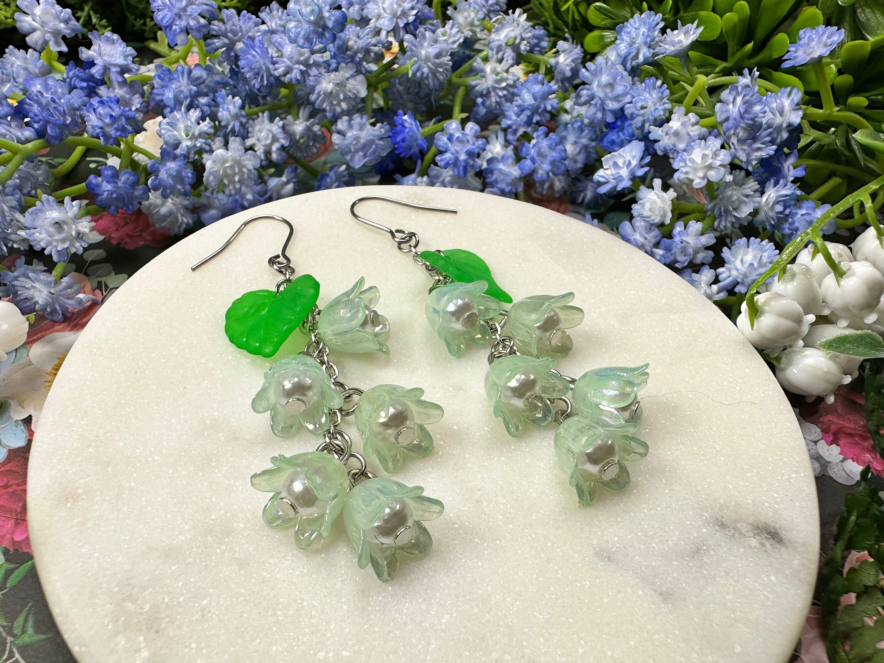 Seafoam and Pearl Bellflower Lily Of The Valley-Inspired Floral Dangle Earrings
