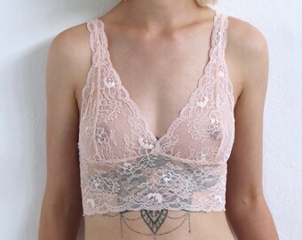 Sheer peach lace bralette soft bra see through lace underwear handmade lingerie blush soft bra from Brighton Lace