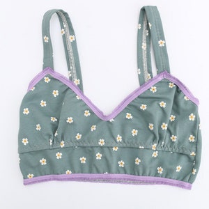 Cute Floral Cotton Bralette in Slate Blue with Contrasting Lilac Trim image 2