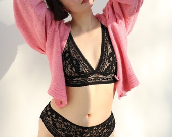 Sexy Sheer Black Lace Bralette and Panty Set - Perfect for Valentines